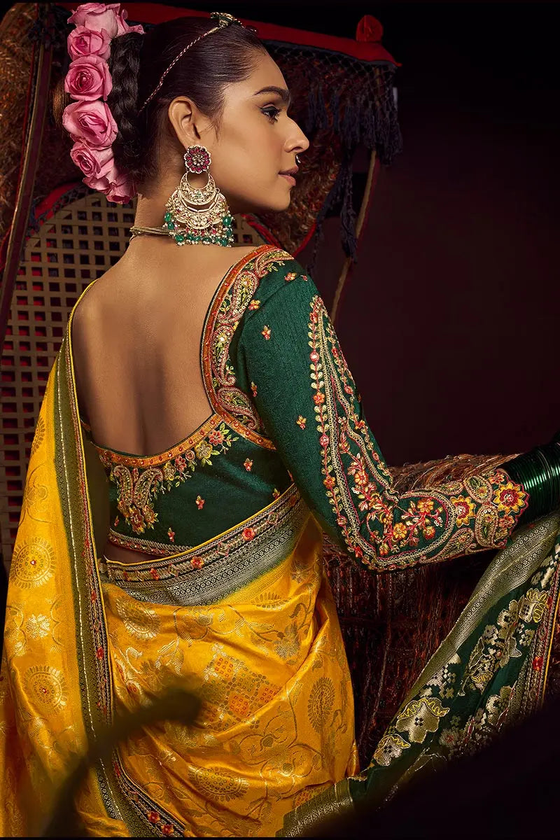 Mustard Patola Banarasi Saree with Golden Zari Weave – Bridal & Festive Wear