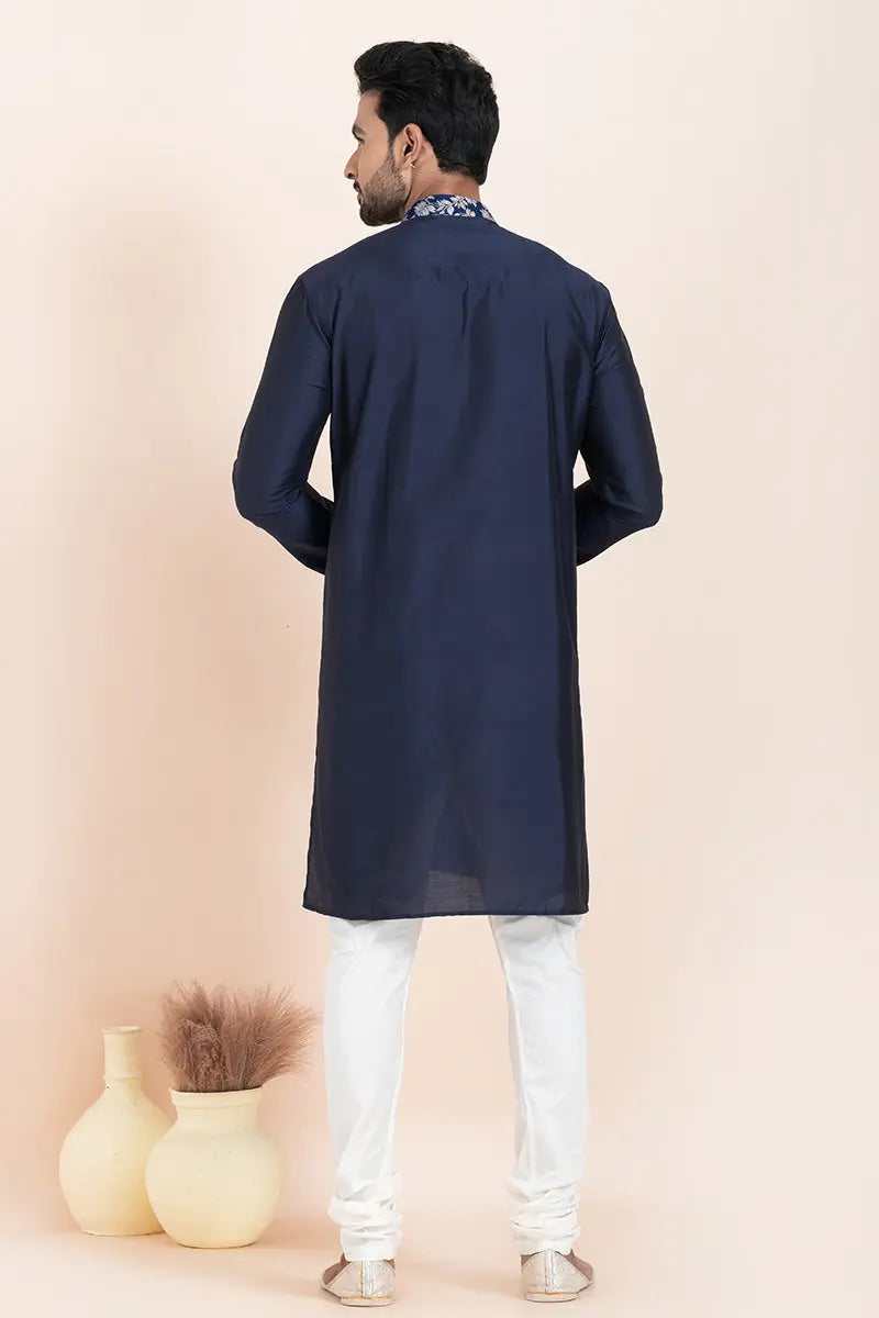 Navy Blue & White Cotton Jacquard Printed Kurta Pajama Set - Traditional Wear