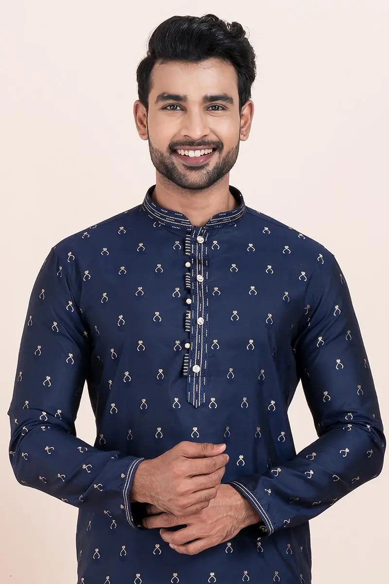 Navy Blue & White Cotton Jacquard Printed Kurta Pajama Set - Traditional Wear