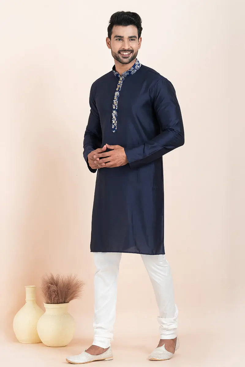 Navy Blue & White Viscose Printed Kurta Pajama Set - Traditional Wear