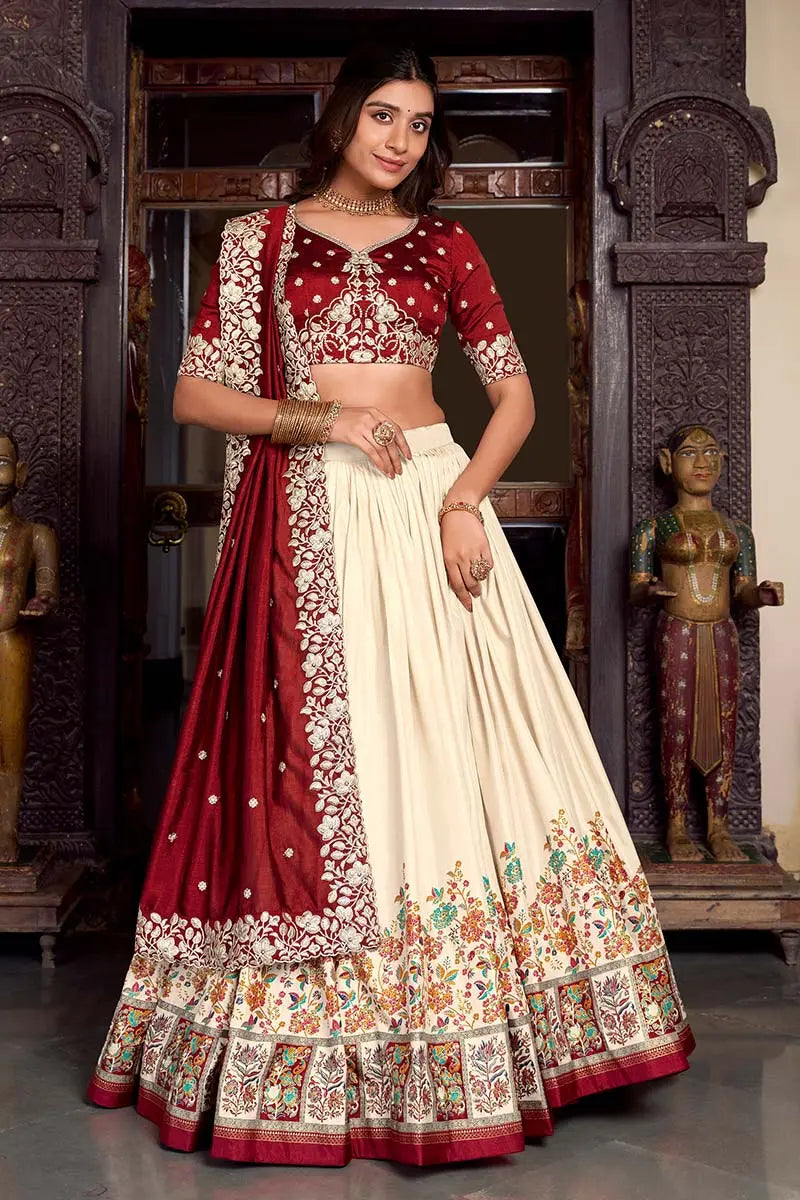 Off White & Maroon Embroidered Silk Lehenga Set with Zari Detailing RTI