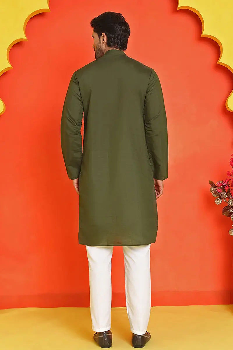 Olive Cotton Silk Sequins Embroidered Designer Kurta Pajama Set - Function Wear