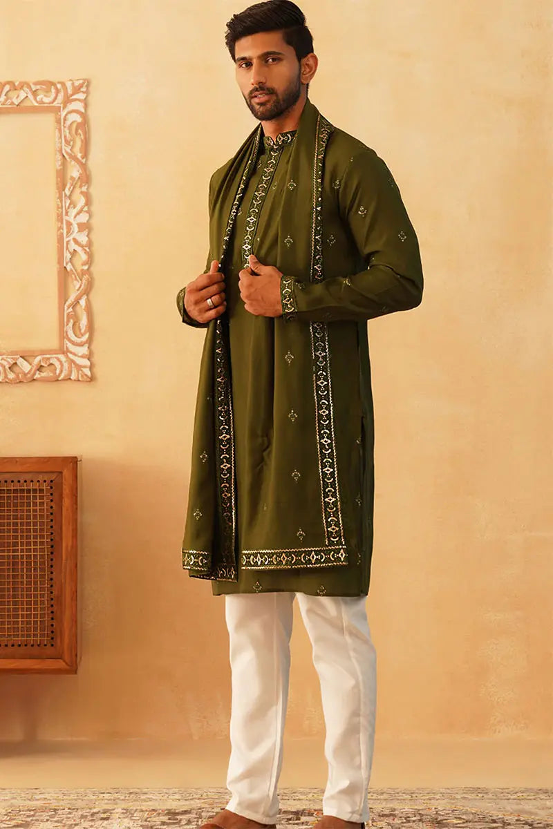 Olive Cotton Silk Sequins Embroidered Kurta Pajama Dupatta Set - Traditional Wear