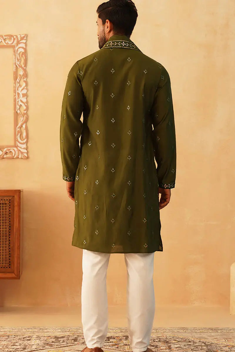 Olive Cotton Silk Sequins Embroidered Kurta Pajama Dupatta Set - Traditional Wear