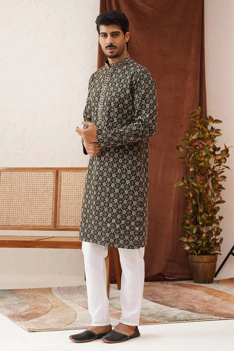 Olive Viscose Rayon Embroidered Designer Kurta Pajama Set - Traditional Wear