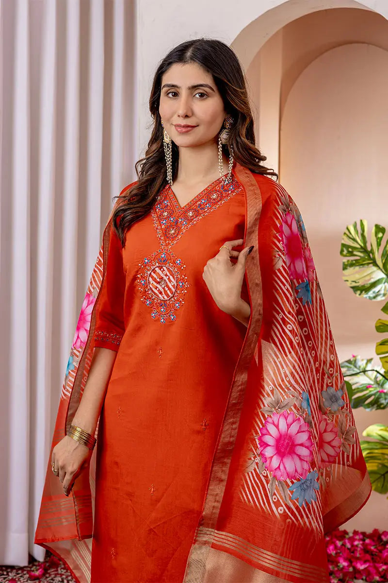 Orange Emerald Elegance Embroidered Suit with Floral Dupatta