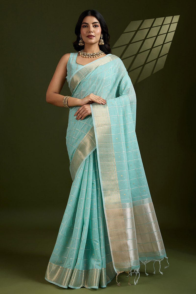 Delicate Sea Green Soft Silk Light Weight Saree Golden Border PR