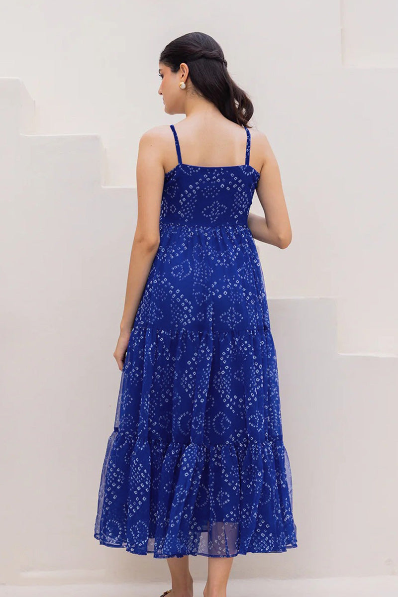 Dark Blue Fully Flared Garden Tiered Floral Sleeveless Maxi Dress