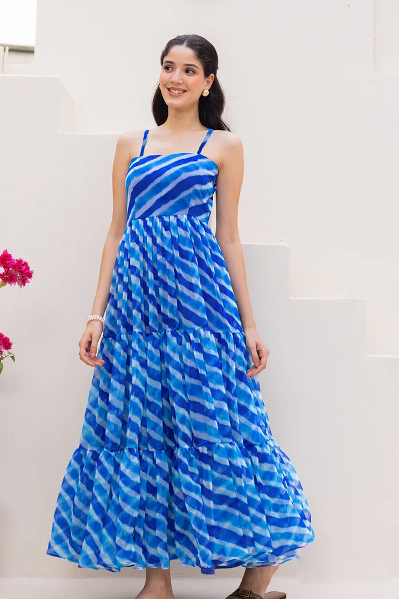 Sky Blue Fully Flared Garden Tiered Floral Sleeveless Maxi Dress