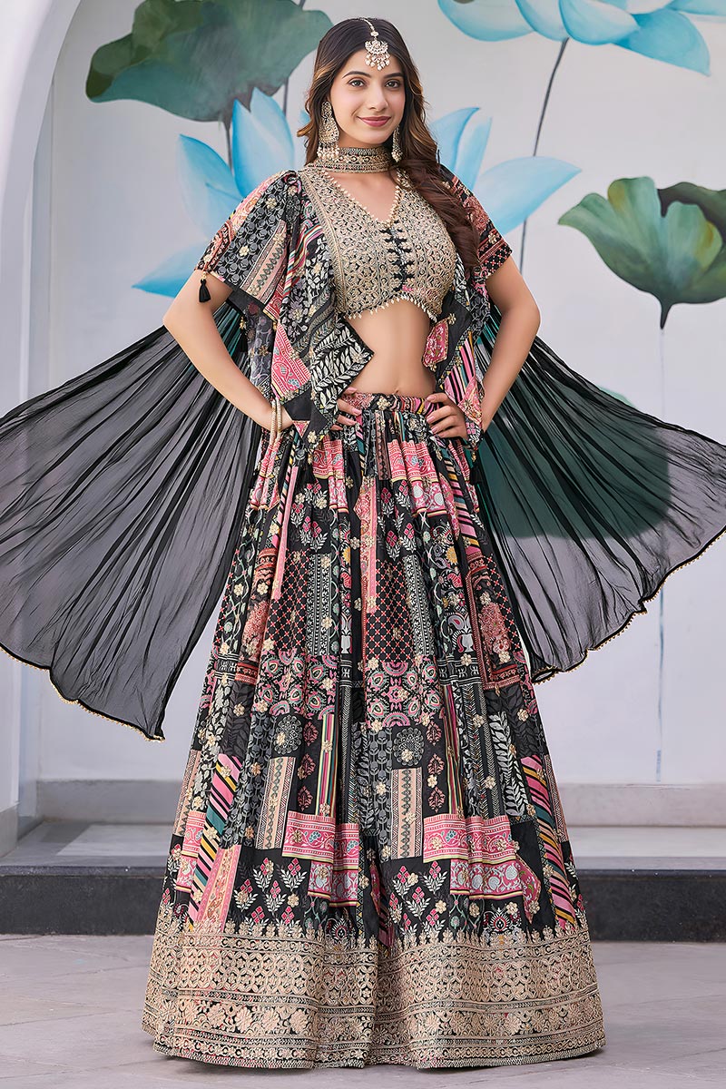 Designer Printed Embroidered Black Lehenga Set for Festivals