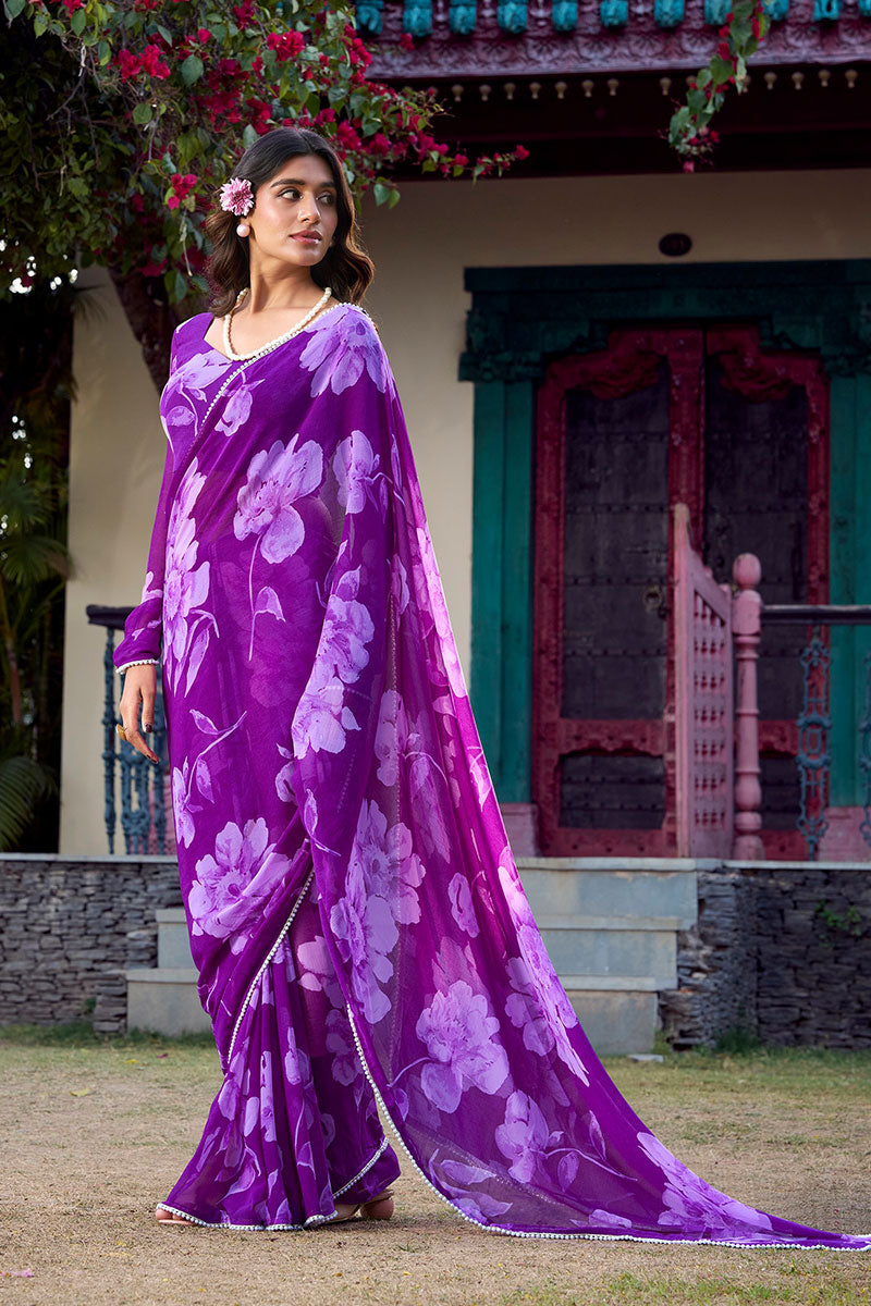 Designer Purple Floral Saree – Lightweight Partywear