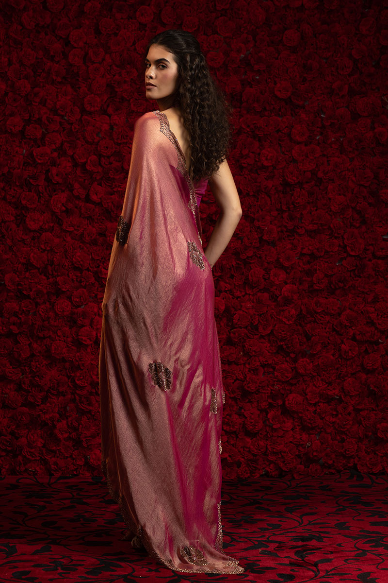 Exquisite Gajari Silk Saree – Elegant Metallic Sheen with Delicate Embellishment