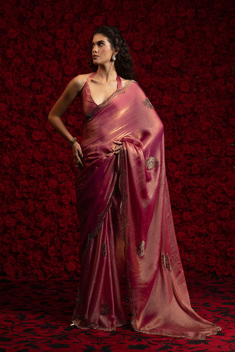 Exquisite Gajari Silk Saree – Elegant Metallic Sheen with Delicate Embellishment PR