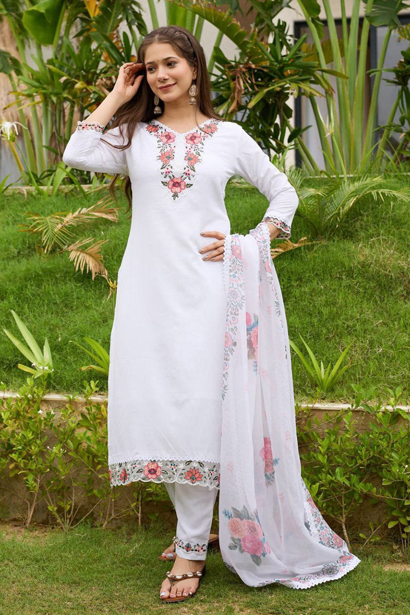 White Embroidered Kurta Set with Dupatta | Elegant Festive Wear UK PR