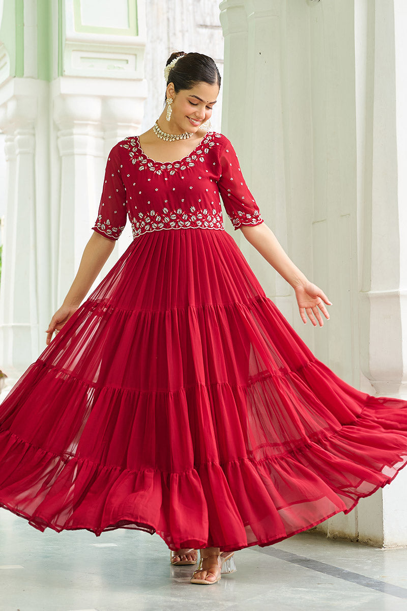 Luxurious Red Embroidered Maxi Ethnic Dress