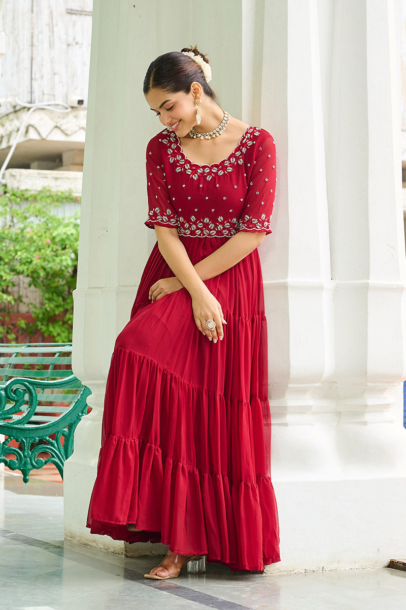 Luxurious Red Embroidered Maxi Ethnic Dress