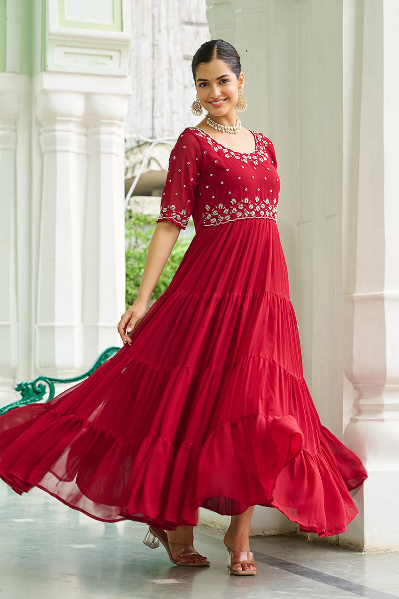Luxurious Red Embroidered Maxi Ethnic Dress