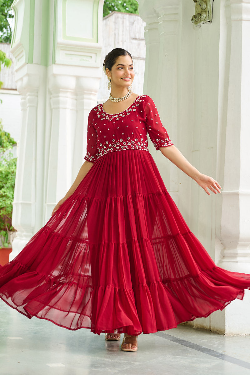 Luxurious Red Embroidered Maxi Ethnic Dress PR