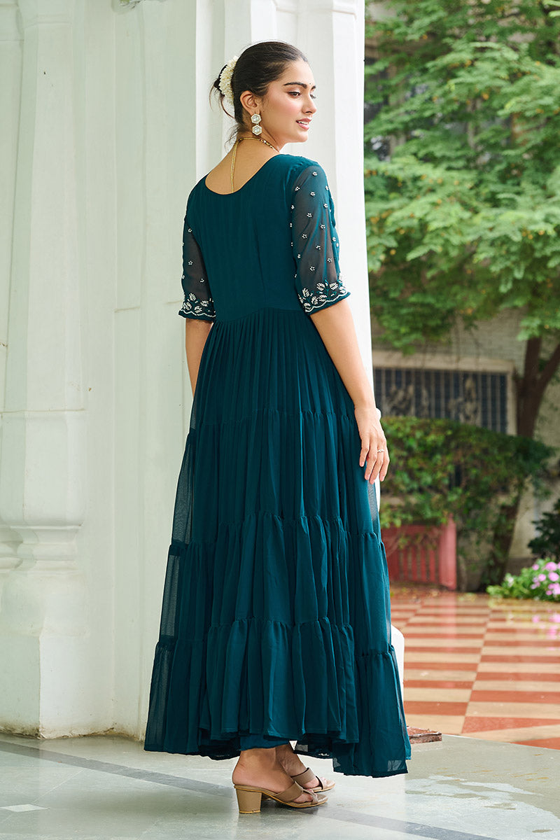 Elegant Rama Blue Embroidered Maxi Ethnic Dress
