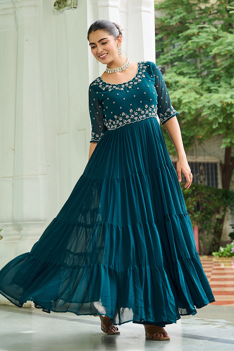 Elegant Rama Blue Embroidered Maxi Ethnic Dress