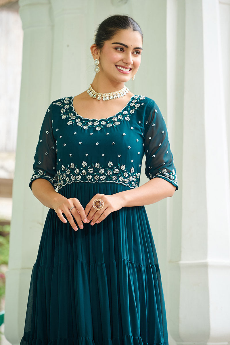 Elegant Rama Blue Embroidered Maxi Ethnic Dress