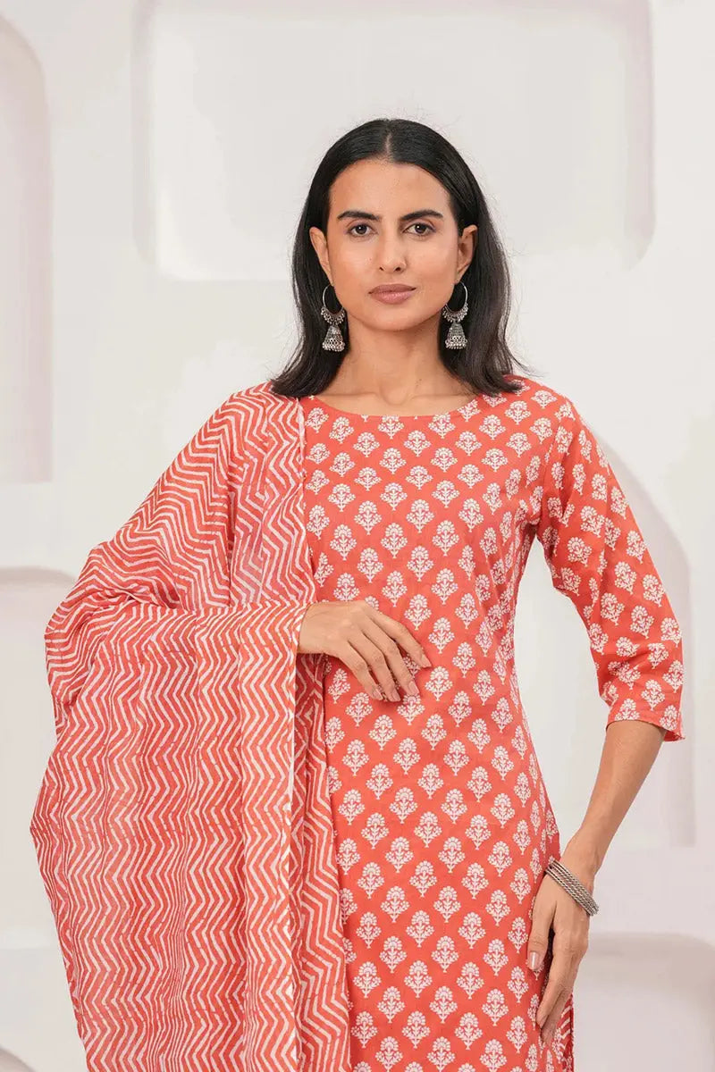 Peach Floral Printed Cotton Kurta Set with Print Dupatta