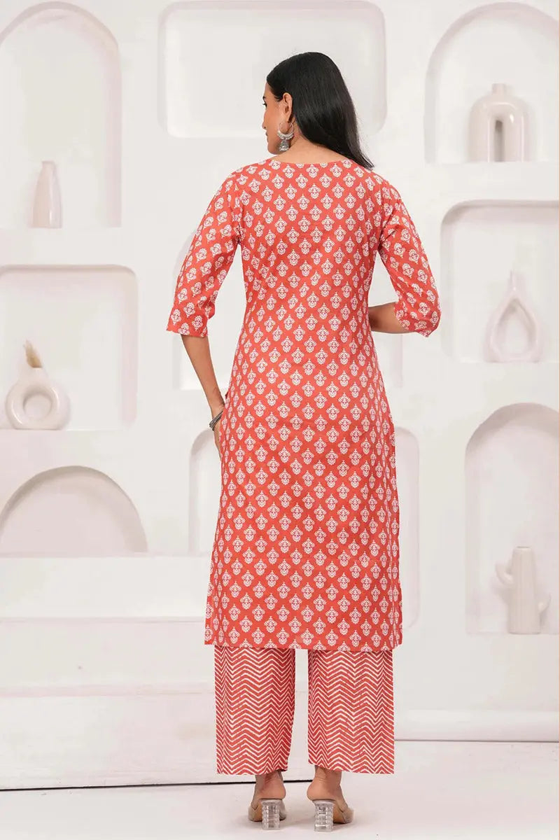 Peach Floral Printed Cotton Kurta Set with Print Dupatta