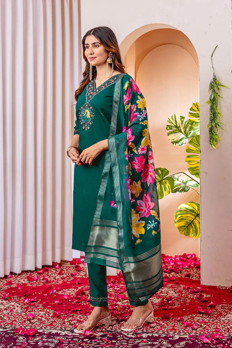 Green Emerald Elegance Embroidered Suit with Floral Dupatta