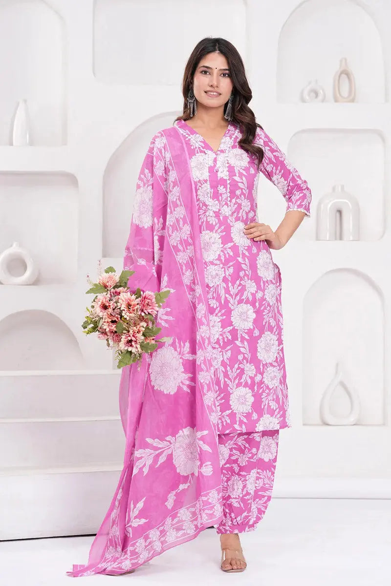 Pink Floral Printed Cotton Kurta Set with Print Dupatta