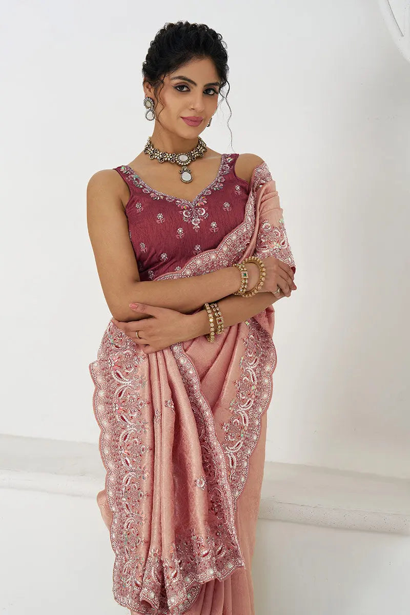 Pink Silk Saree with Sequin Embroidery for Brides