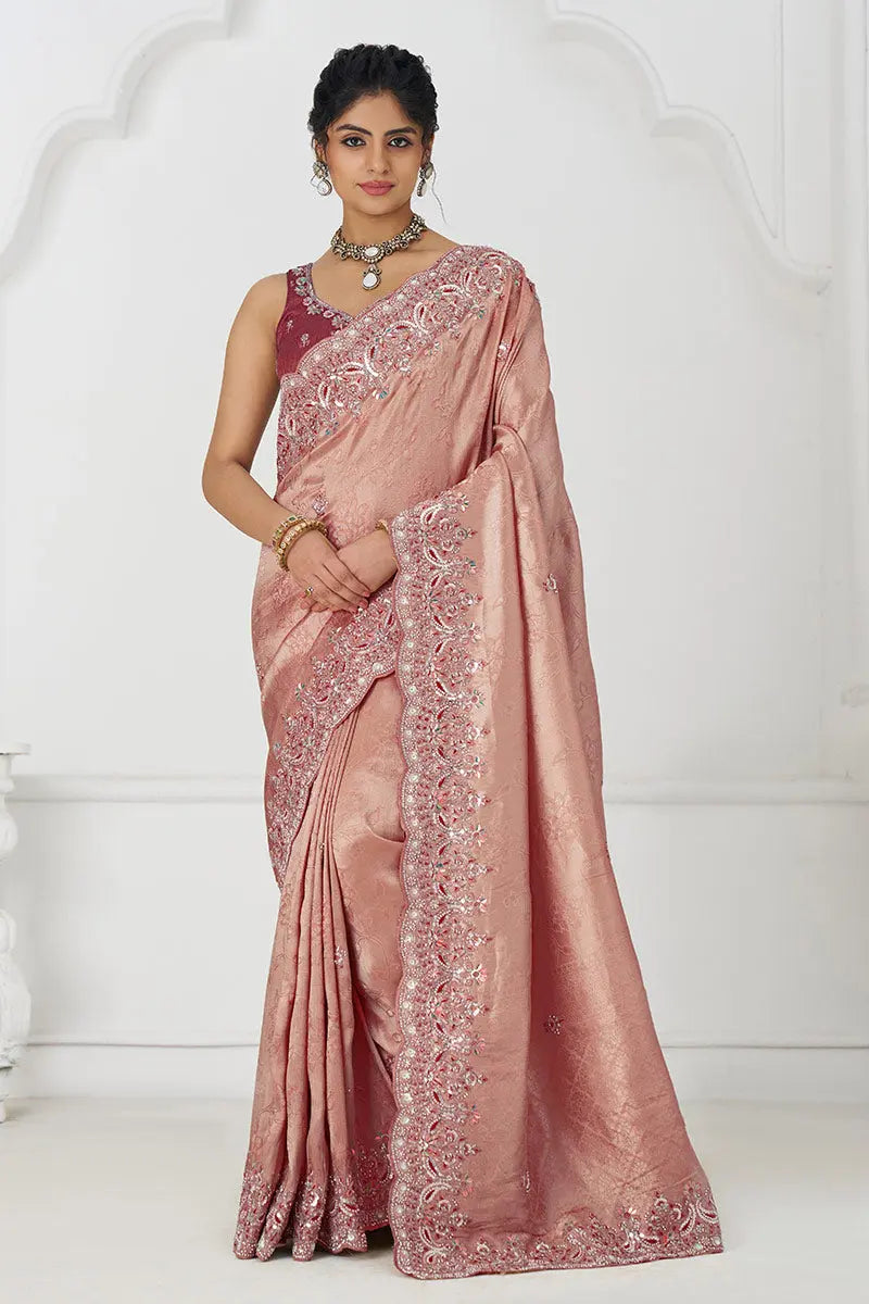 Pink Silk Saree with Sequin Embroidery for Brides