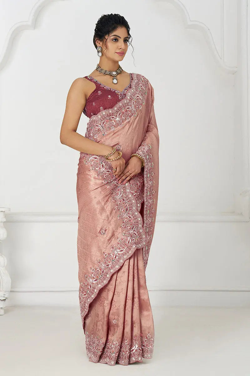 Pink Silk Saree with Sequin Embroidery for Brides