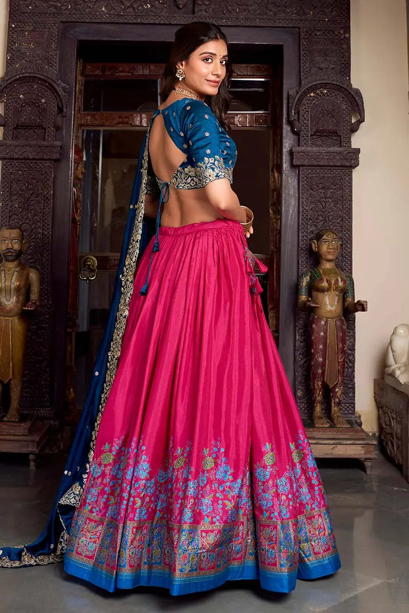 Pink & Blue Embroidered Silk Lehenga Set with Zari Detailing
