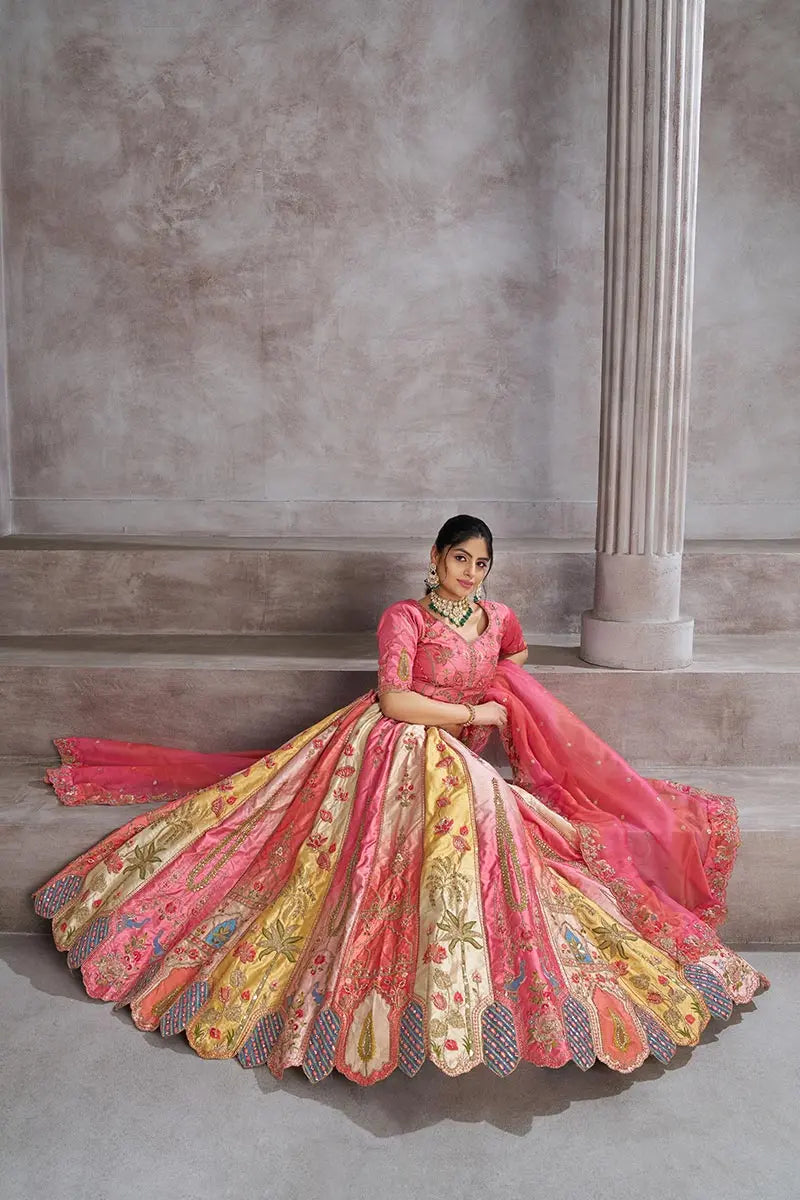Pink and Gold Panelled Bridal Lehenga with Intricate Zari, Sequins & Thread Detailing