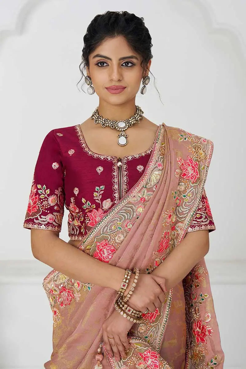 Pretty peach: Multicolor Embroidery with Blooming Floral Designs