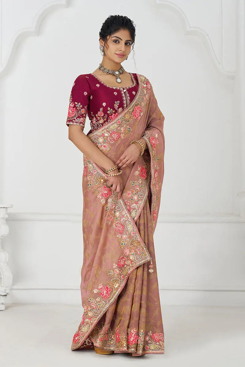 Pretty peach: Multicolor Embroidery with Blooming Floral Designs
