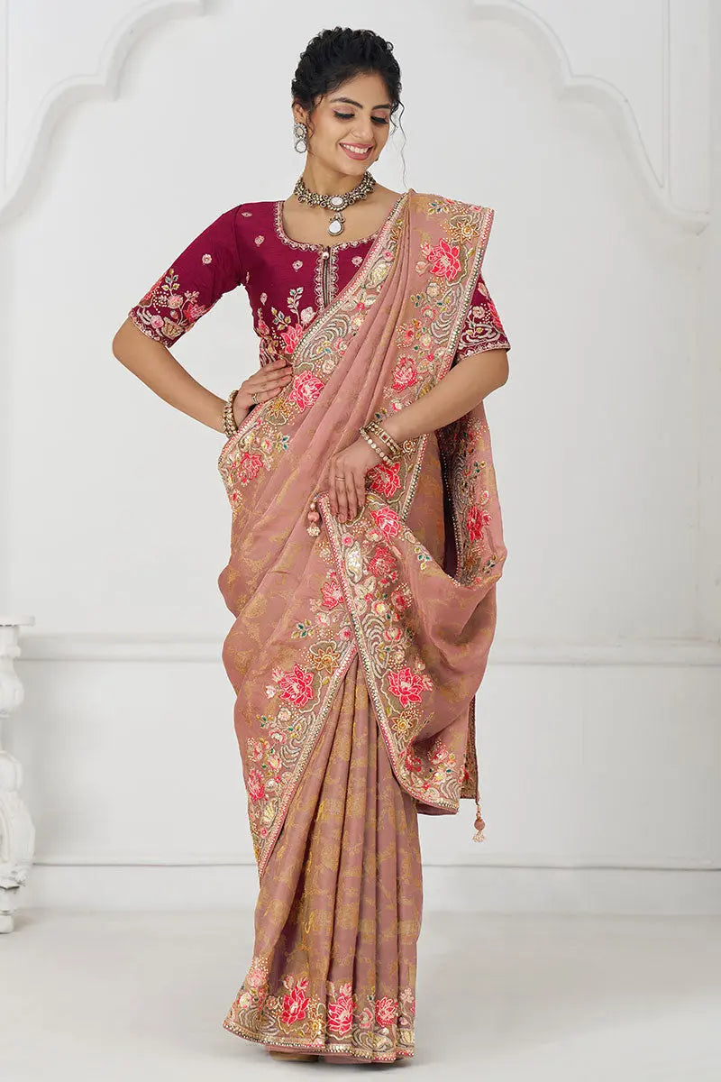 Pretty peach: Multicolor Embroidery with Blooming Floral Designs