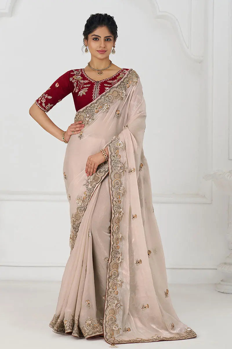 Pure Fendi Silk Saree in Chiku with Handcrafted Zari & Sequin Detailing