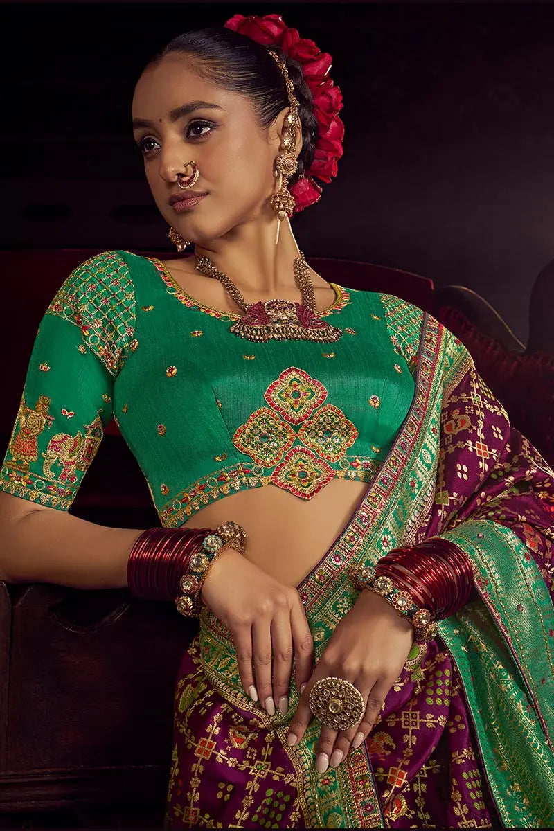 Purple Patola Banarasi Saree with Golden Zari Weave – Bridal & Festive Wear