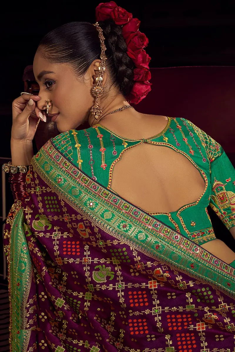 Purple Patola Banarasi Saree with Golden Zari Weave – Bridal & Festive Wear
