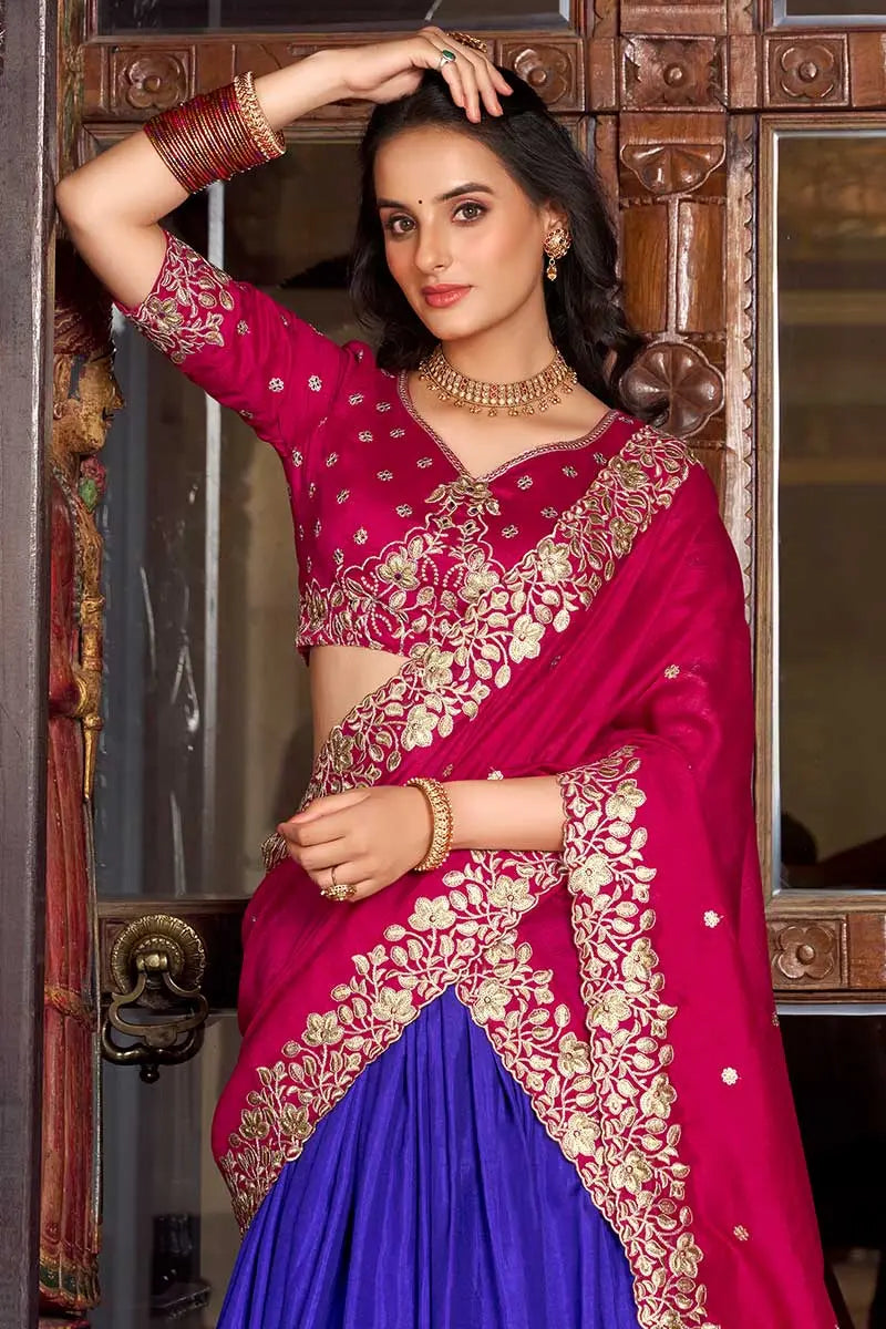 Purple & Pink Embroidered Silk Lehenga Set with Zari Detailing RTI