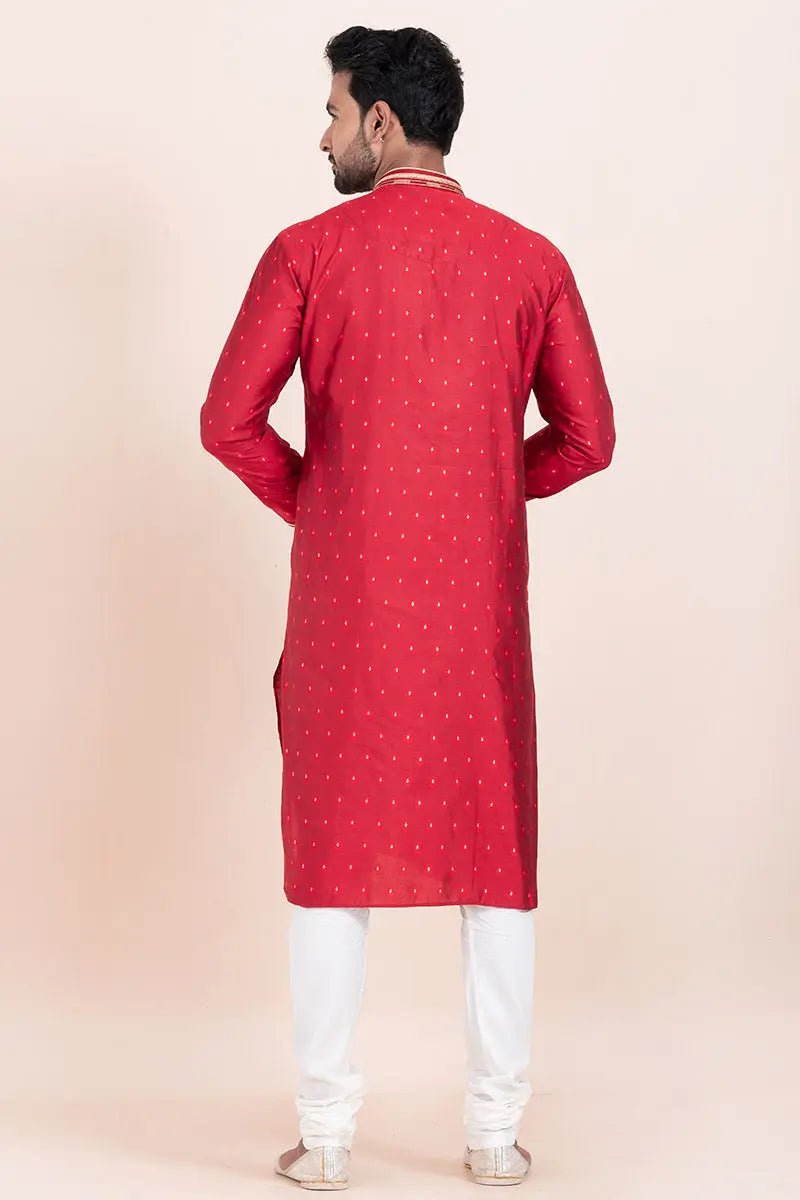 Red & White Cotton Jacquard Printed Kurta Pajama Set - Traditional Wear