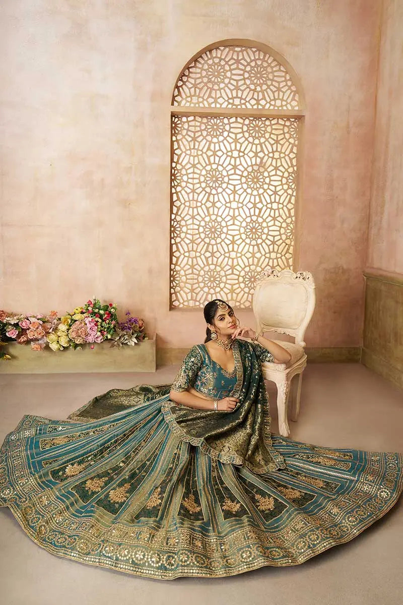 Regal Green Tissue Lehenga with Banarasi Patchwork & Intricate Zari Embroidery KSR