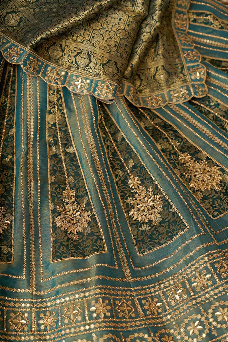 Regal Green Tissue Lehenga with Banarasi Patchwork & Intricate Zari Embroidery KSR