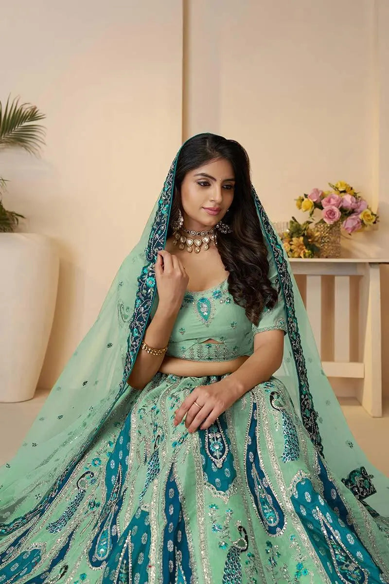 Royal Sky Blue Bridal Lehenga with Paisley & Peacock Motifs and Heavy Embroidery