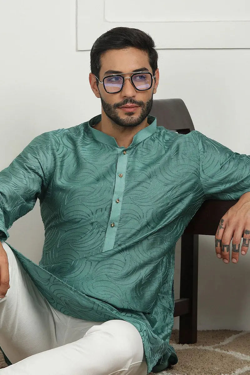 Sea Green Jacquard Kurta for Men – Festive & Formal Wear