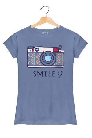 "Smile" - Women’s T-Shirt – Premium Round Neck - Pigeon Blue - 100% Cotton Offbeat