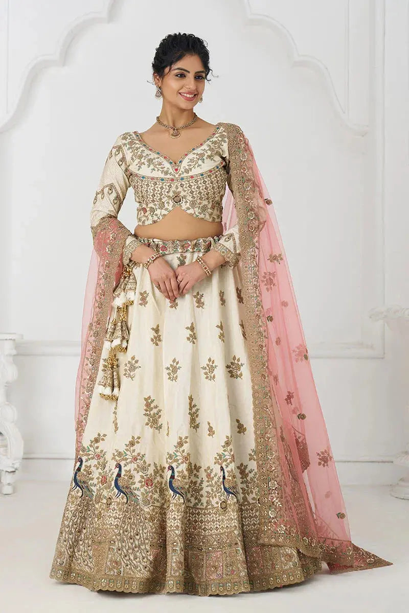 Stunning White Zari Silk Bridal Lehenga with Intricate Embroidery KSR
