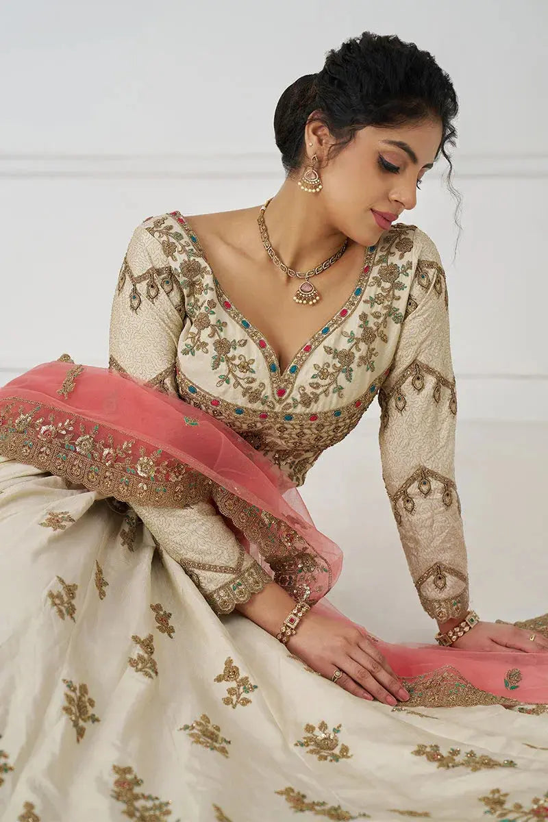 Stunning White Zari Silk Bridal Lehenga with Intricate Embroidery