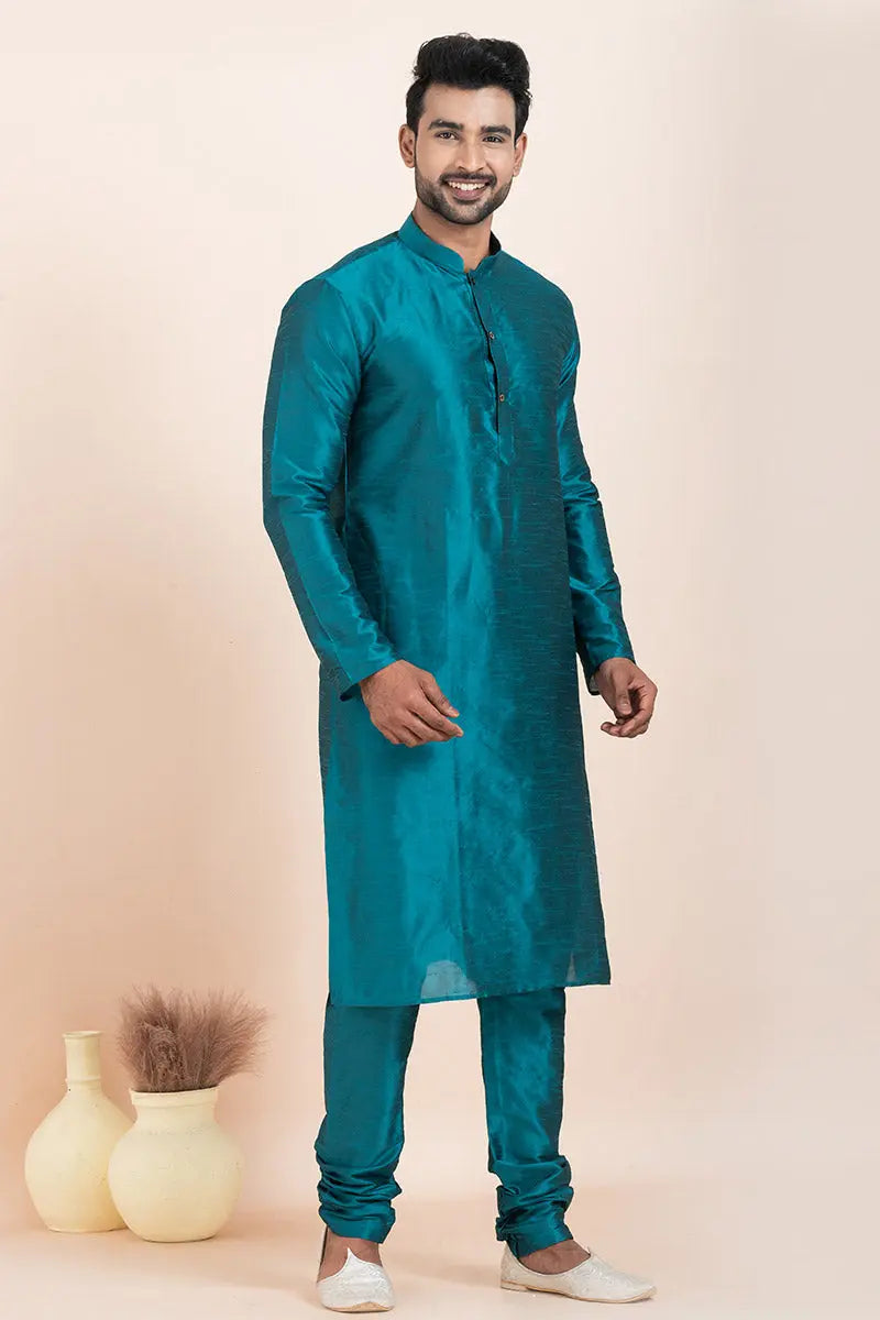 Teal Blue Banarasi Silk Printed Kurta Pajama Set - Traditional Wear
